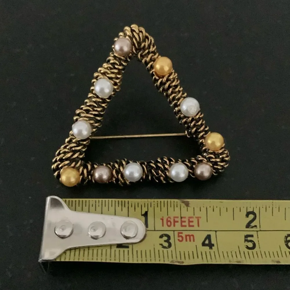 Vintage Style Triangle Lapel Pin in Antique Gold Finish with Faux Pearls